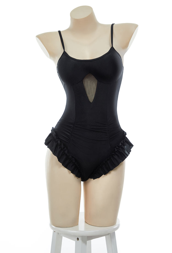 Gothic Black Victorian Vintage Style Halter One Piece Swimsuit with Halter Ruffle Shawl Swimwear Bathing Suit