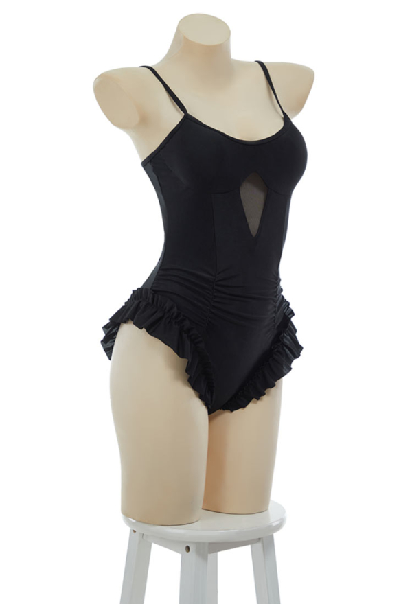 Gothic Black Victorian Vintage Style Halter One Piece Swimsuit with Halter Ruffle Shawl Swimwear Bathing Suit