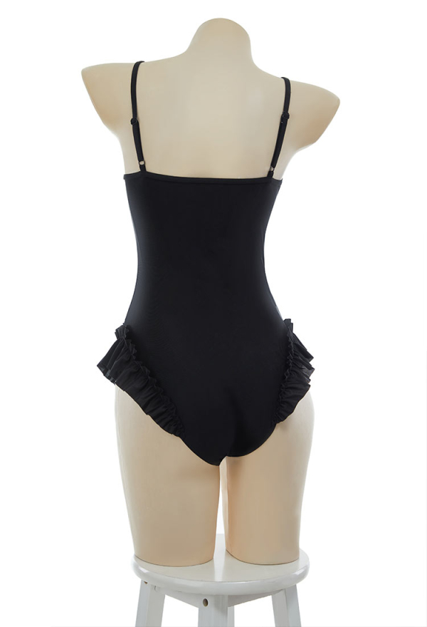 Gothic Black Victorian Vintage Style Halter One Piece Swimsuit with Halter Ruffle Shawl Swimwear Bathing Suit