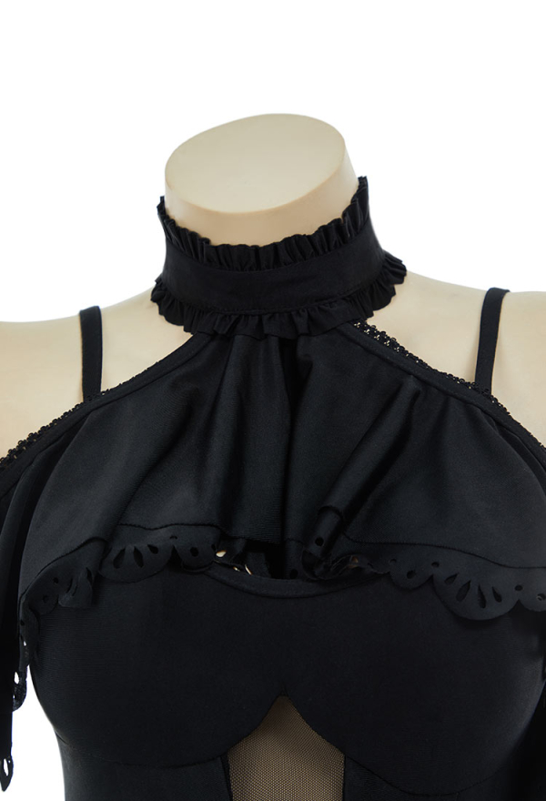 Gothic Black Victorian Vintage Style Halter One Piece Swimsuit with Halter Ruffle Shawl Swimwear Bathing Suit