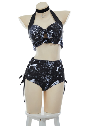 Gothic Black Star and Moon Printed Bikini Set Swimsuit Witch Style Halter Top Panty Two-Piece Bathing Suit