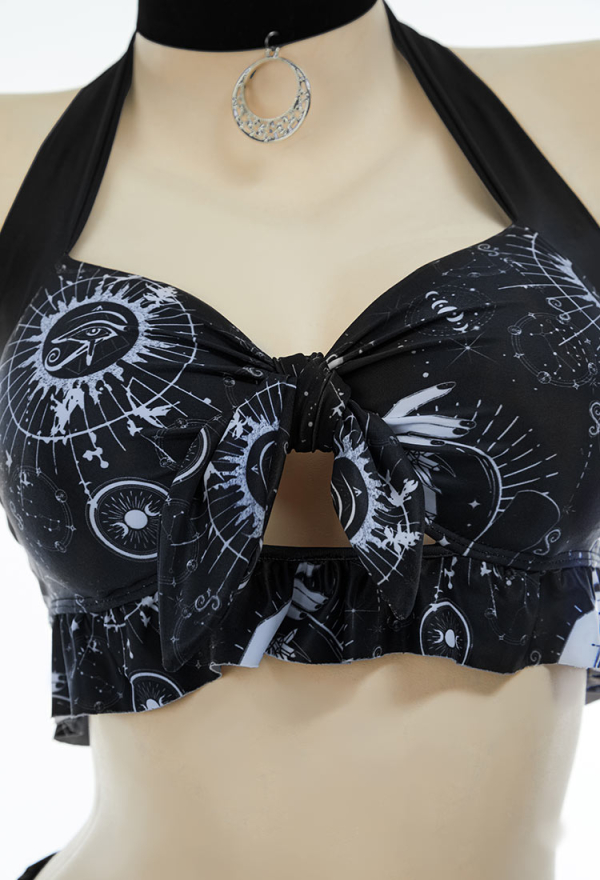 Gothic Black Star and Moon Printed Bikini Set Swimsuit Witch Style Halter Top Panty Two-Piece Bathing Suit