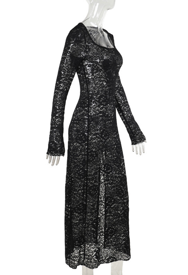 Gothic Black Lace Dress Sheer Side Split Slim Long Sleeve Dress