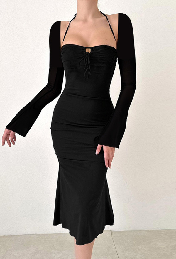 Gothic Black Low Cut Halter Long Sleeve Bodycon Dress