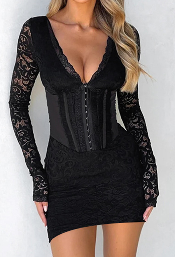 Gothic Black Mini Dress Deep V Lace Long Sleeve Bodycon Dress