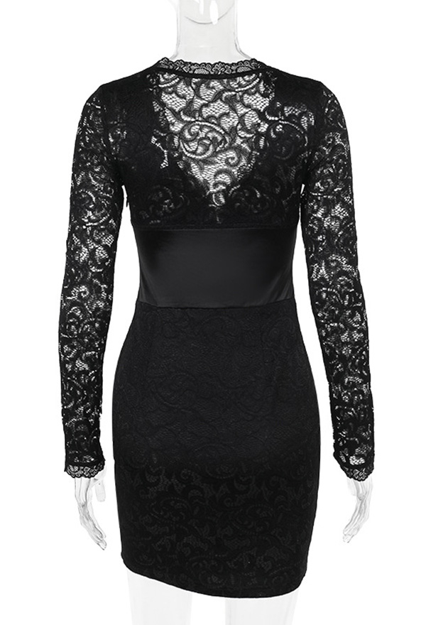 Gothic Black Mini Dress Deep V Lace Long Sleeve Bodycon Dress