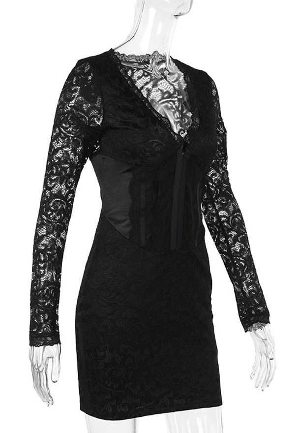 Gothic Black Mini Dress Deep V Lace Long Sleeve Bodycon Dress