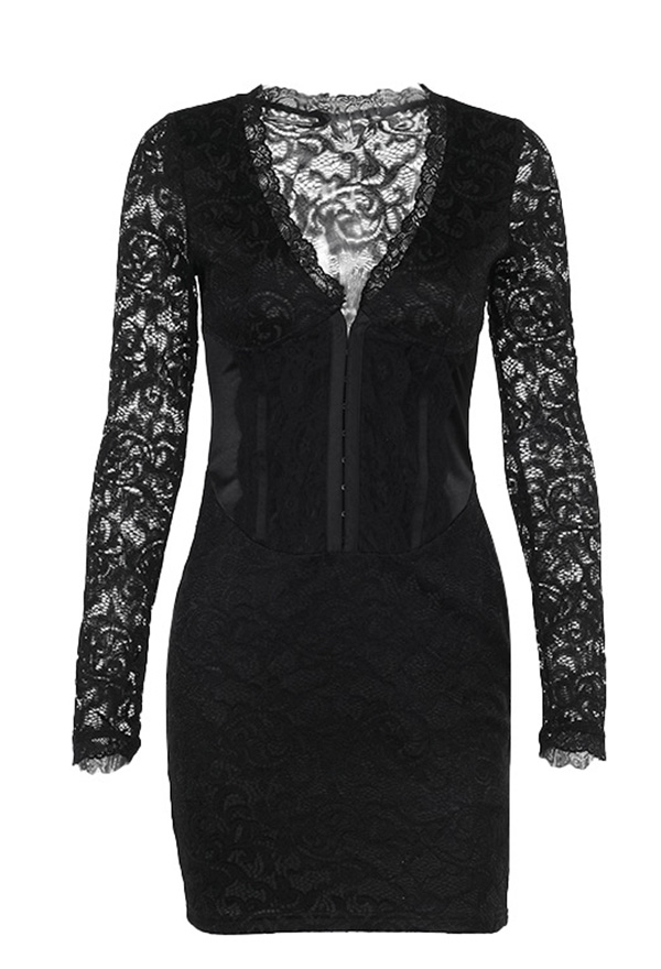 Gothic Black Mini Dress Deep V Lace Long Sleeve Bodycon Dress