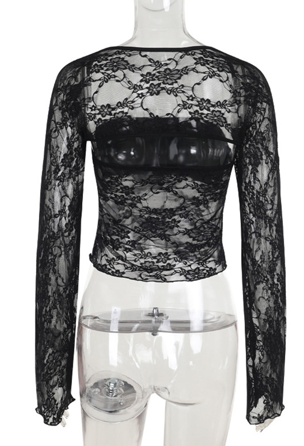 Gothic Black Two-Piece Set Lace Sheer Blouse and Tube Top