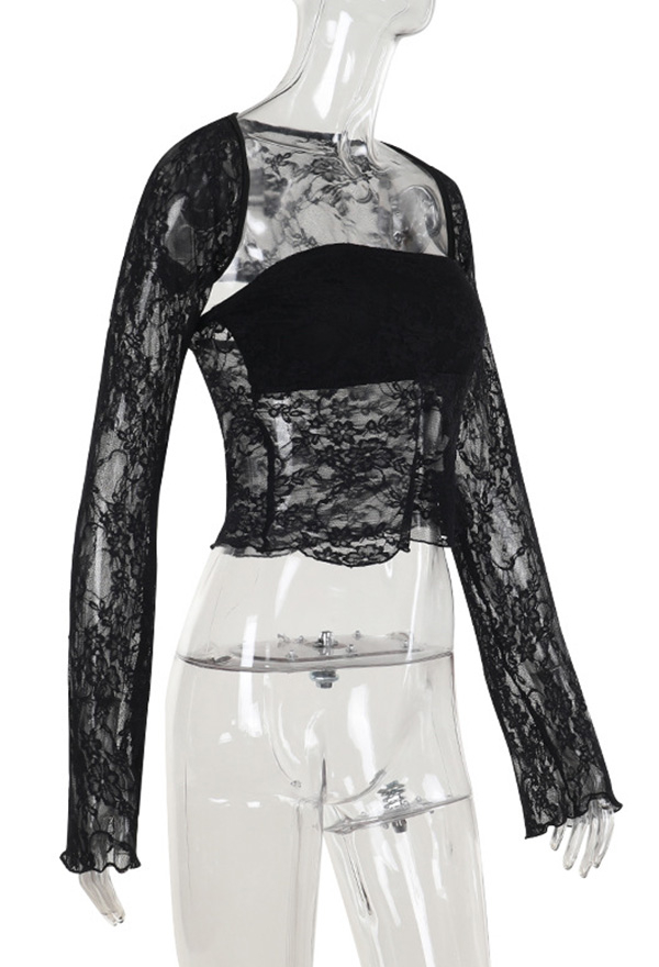 Gothic Black Two-Piece Set Lace Sheer Blouse and Tube Top