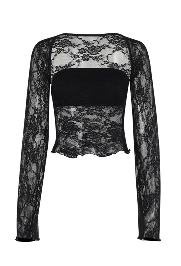 Gothic Black Two-Piece Set Lace Sheer Blouse and Tube Top