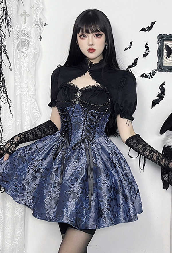 Gothic Blue Floral Strap Dress Dark Bandage Jacquard Lolita Dress