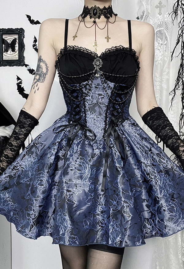 Gothic Blue Floral Strap Dress Dark Bandage Jacquard Lolita Dress