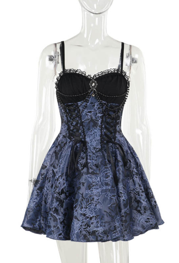 Gothic Blue Floral Strap Dress Dark Bandage Jacquard Lolita Dress