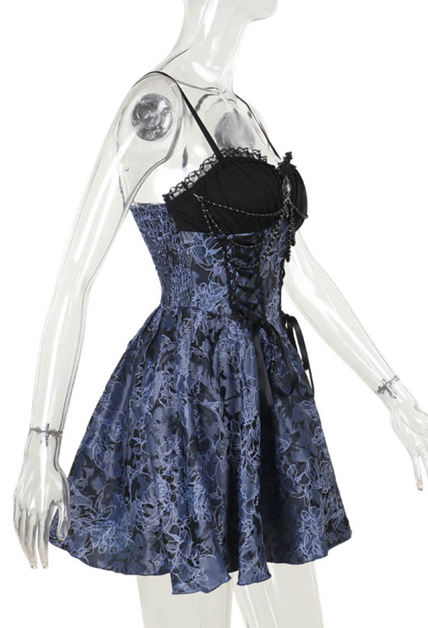 Gothic Blue Floral Strap Dress Dark Bandage Jacquard Lolita Dress