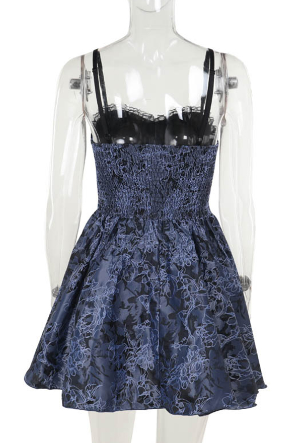 Gothic Blue Floral Strap Dress Dark Bandage Jacquard Lolita Dress