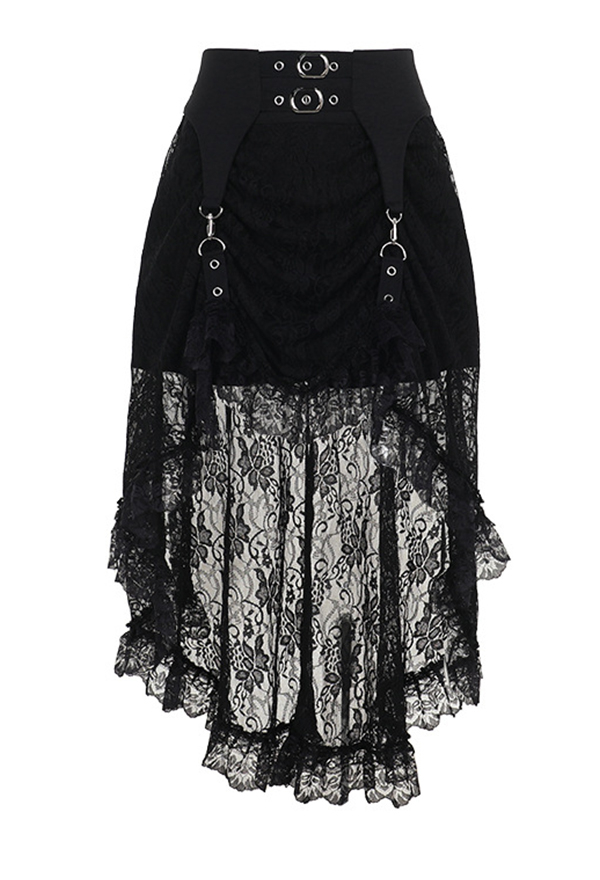 Gothic Black Buckle Decor Lace Floral Irregular Half Skirt