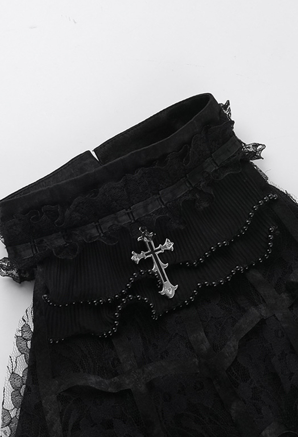 Gothic Black Halter Top Dark Style Pleated Lace Cross Pendant Tank Top