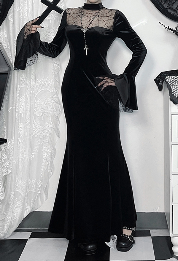 Gothic Black Long Dress Spiderweb Lace Splicing Flare Sleeve Slim Dress