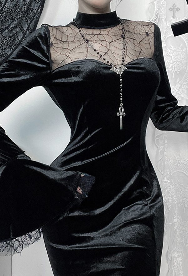 Gothic Black Long Dress Spiderweb Lace Splicing Flare Sleeve Slim Dress