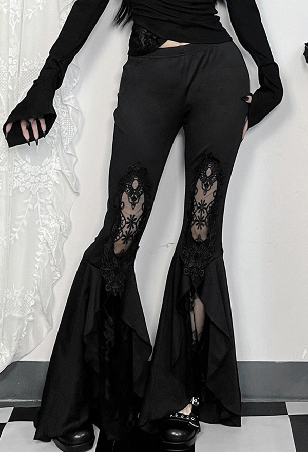 Gothic Black Trousers Lace Irregular Ruffle Flared Pants