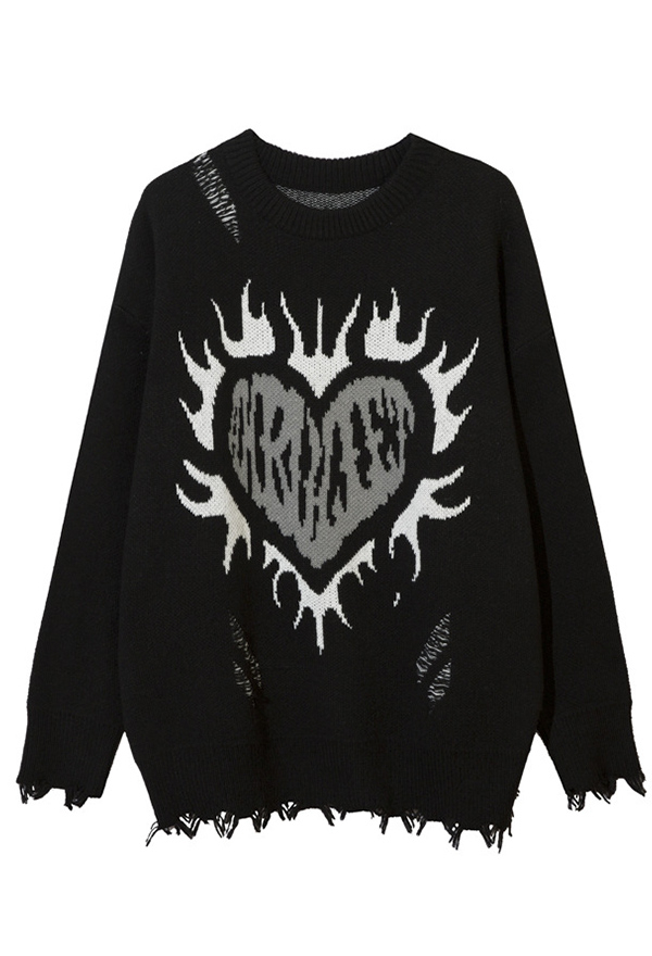 Gothic Black Loose Long Sleeve Sweater Worn Tassel Heart Pattern Jacquard Knit Sweater