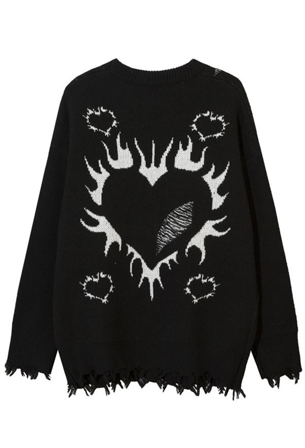 Gothic Black Loose Long Sleeve Sweater Worn Tassel Heart Pattern Jacquard Knit Sweater