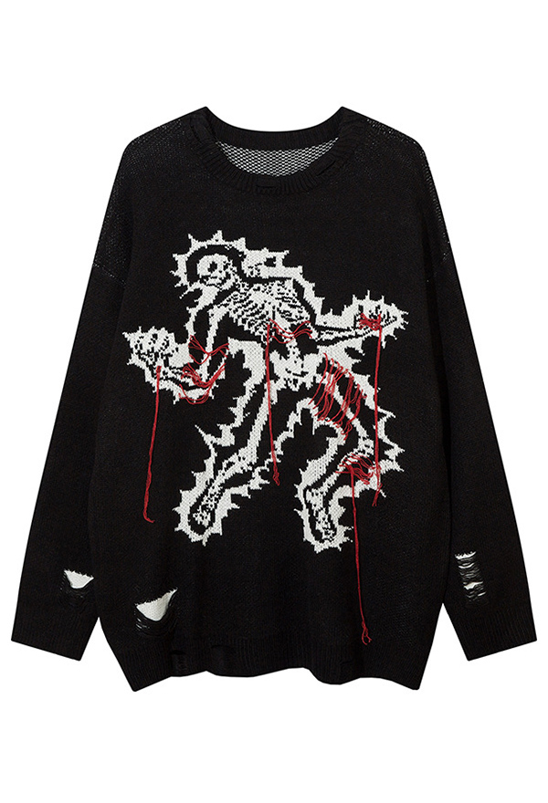 Gothic Black Long Sleeve Loose Sweater Funny Skull Pattern Worn Knit Sweater