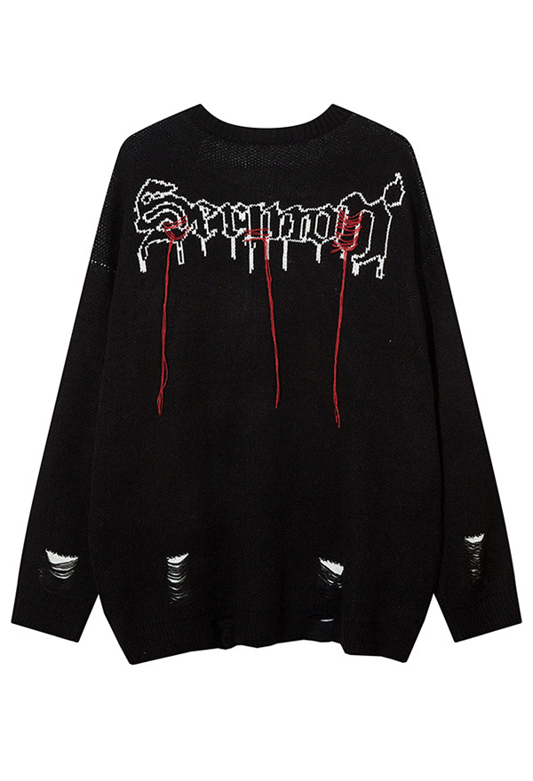 Gothic Black Long Sleeve Loose Sweater Funny Skull Pattern Worn Knit Sweater