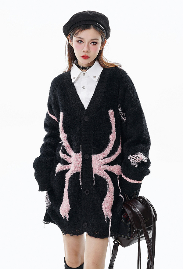 Cosplay Costume Gothic Long Sleeve Loose Sweater Dark Style Spider Pattern Worn Sweater Cardigan