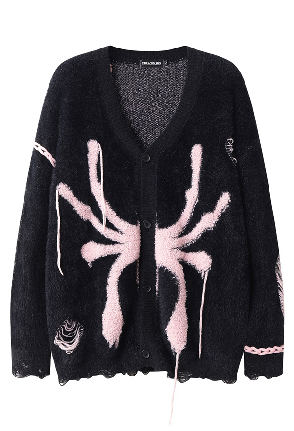 Cosplay Costume Gothic Long Sleeve Loose Sweater Dark Style Spider Pattern Worn Sweater Cardigan