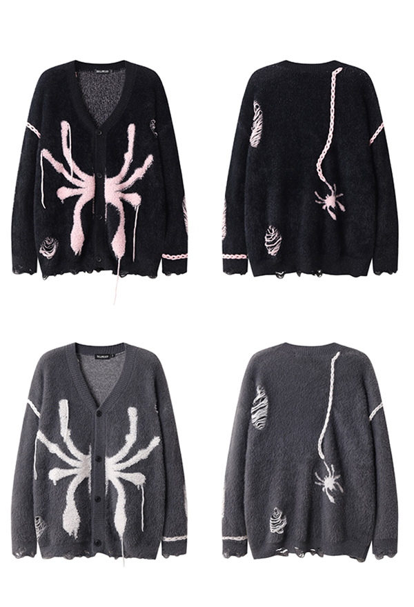 Cosplay Costume Gothic Long Sleeve Loose Sweater Dark Style Spider Pattern Worn Sweater Cardigan