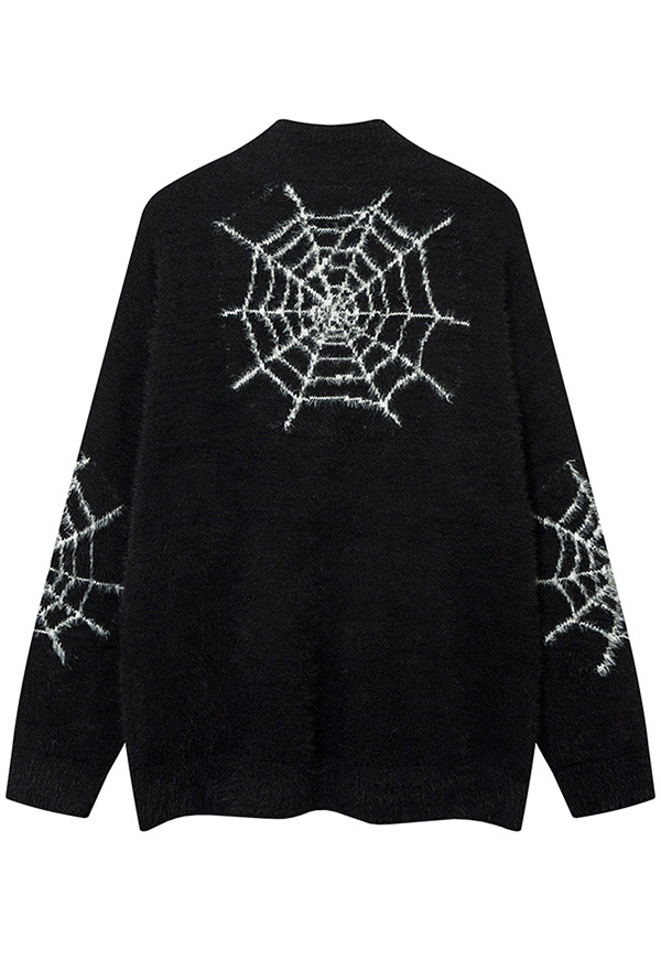 Gothic Black Half Zipper Stand Collar Loose Sweater Spider Pattern Knit Sweater