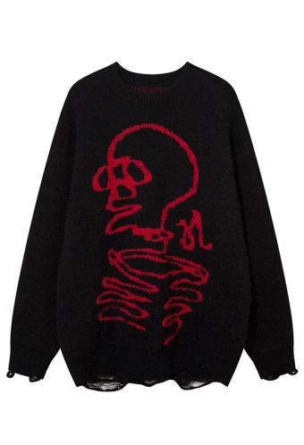 Gothic Black Long Sleeve Loose Sweater Dark Red Skull Pattern Knit Sweater