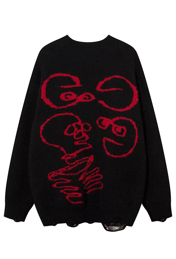 Gothic Black Long Sleeve Loose Sweater Dark Red Skull Pattern Knit Sweater