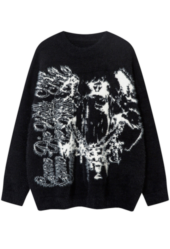 Gothic Black Loose Long Sleeve Sweater Dark Angel Pattern Sweater