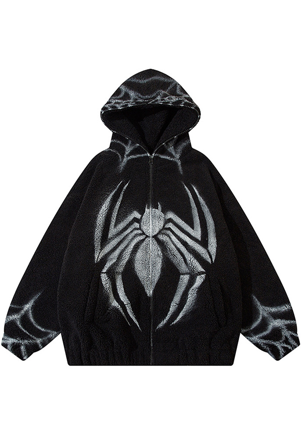 Gothic Black Plush Spider Pattern Hooded Zipper Sweatshirt Jacket