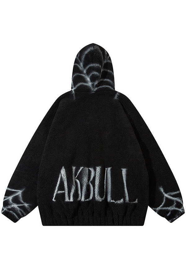 Gothic Black Plush Spider Pattern Hooded Zipper Sweatshirt Jacket