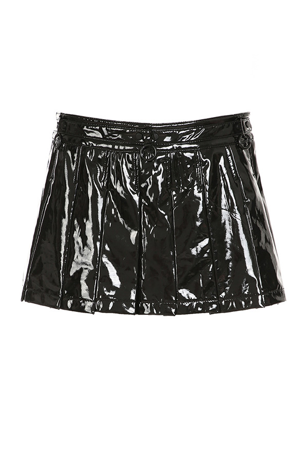 Gothic Black Shiny Leather Mini Skirt Dark Style Low Waist Pleated Skirt