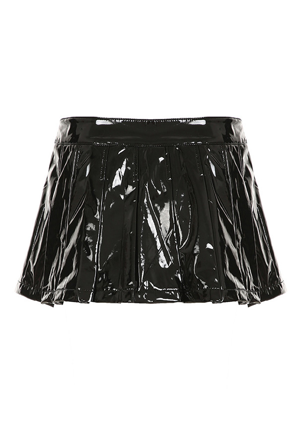 Gothic Black Shiny Leather Mini Skirt Dark Style Low Waist Pleated Skirt