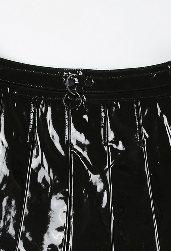 Gothic Black Shiny Leather Mini Skirt Dark Style Low Waist Pleated Skirt