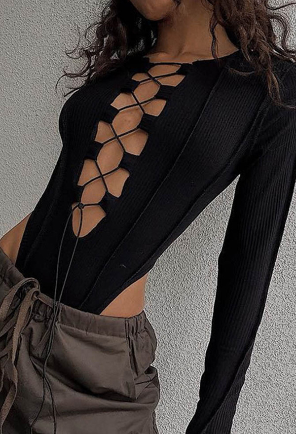 Gothic Black Sexy Cutout Cross Lace-up Slim Long Sleeve Bodysuit