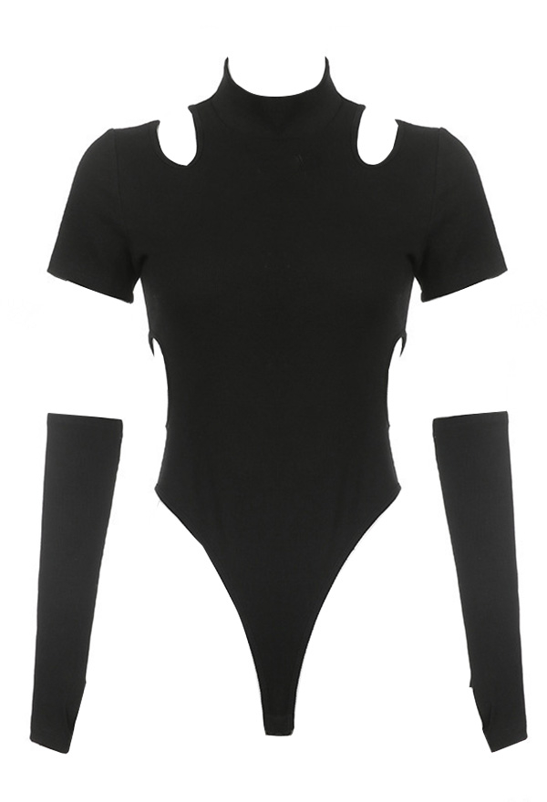 Gothic Black Crew Neck Cutout Bodysuit with Sleeves