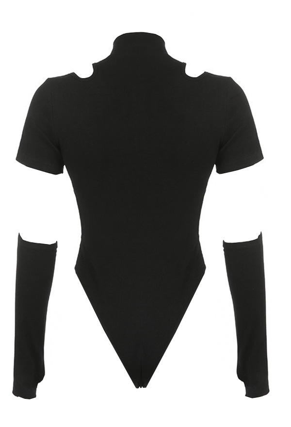 Gothic Black Crew Neck Cutout Bodysuit with Sleeves