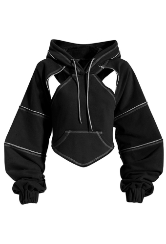 Gothic Black Hooded Sweatshirt Cutout Backless Lace-up Short Jacket