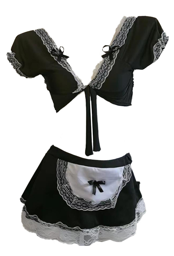 Gothic Black Sexy Maid Lingerie Set Deep V Lace Short Top and Skirt with Thong and Headpiece