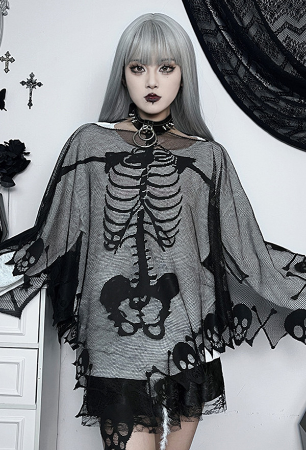 Gothic Black Skull Pattern Blouse Irregular Mesh Shawl Cape