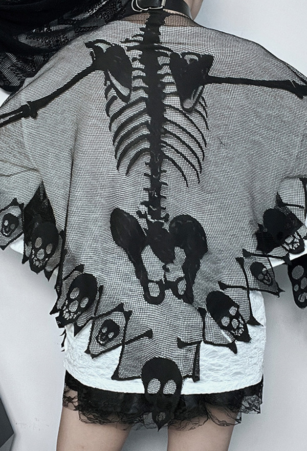 Gothic Black Skull Pattern Blouse Irregular Mesh Shawl Cape