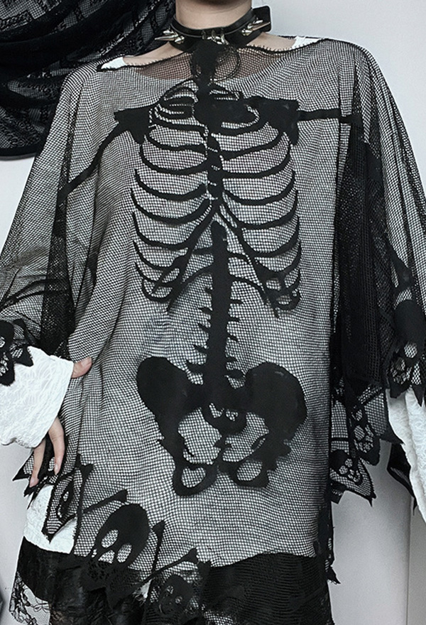 Gothic Black Skull Pattern Blouse Irregular Mesh Shawl Cape