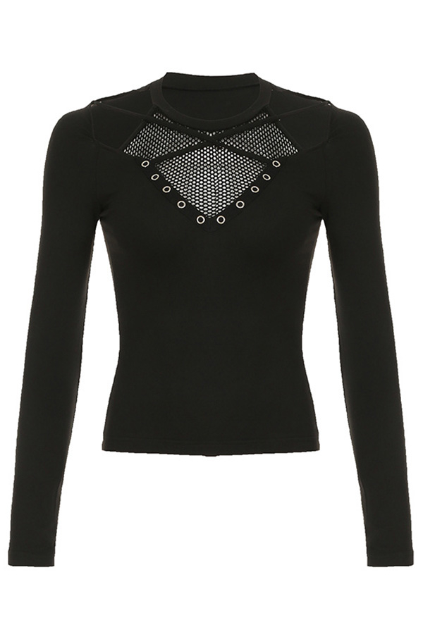 Gothic Black Cutout Long Sleeve Top Dark Style Mesh Patchwork Slim Top